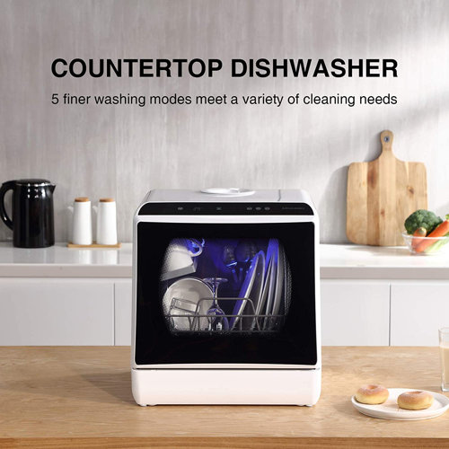 AIRMSEN 50 Decibel dBA White Portable Countertop Dishwasher with 5